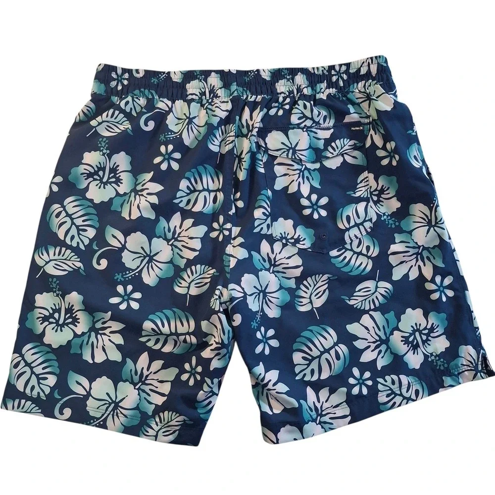Hurley Volley Swim Trunks Mens XL Navy Blue Teal Floral Tropical Board Shorts
